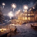 fireworks in the night sky against the backdrop of a fairy-tale house