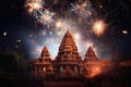 Fireworks in the night sky of Bagan, Myanmar Burma, fireworks above a Hindu temple during Diwali or Deepavali, AI Generated