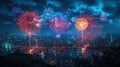 Fireworks in the night sky over the city. Created with Generative AI