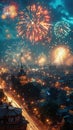 Fireworks in the night sky over the city. Created with Generative AI