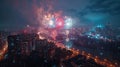 Fireworks in the night sky over the city. Created with Generative AI