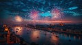 Fireworks in the night sky over the city. Created with Generative AI