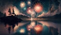 Fireworks in the night sky with reflection on the lake, collage