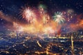 Fireworks over Bangkok cityscape at night, Thailand. Happy new year concept