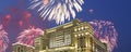 Fireworks over the Christmas and New Year holidays illumination and Four Seasons Hotel Moscow at night. Russia, Royalty Free Stock Photo