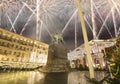 Fireworks over the Christmas and New Year holidays illumination. Yury Dolgoruky Monument, Russia Royalty Free Stock Photo