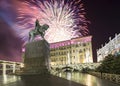 Fireworks over the Christmas and New Year holidays illumination. Yury Dolgoruky Monument, Russia Royalty Free Stock Photo