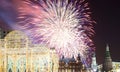 Fireworks over the Christmas and New Year holidays illumination at night, Kremlin in Moscow, Russia Royalty Free Stock Photo