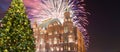 Fireworks over the Christmas New Year holidays illumination and State Historical Museum inscription in Russian,Moscow, Russia Royalty Free Stock Photo