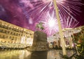 Fireworks over the Christmas and New Year holidays illumination. Yury Dolgoruky Monument, Russia Royalty Free Stock Photo