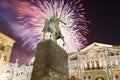 Fireworks over the Christmas and New Year holidays illumination. Yury Dolgoruky Monument, Russia Royalty Free Stock Photo