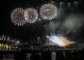 Fireworks Over the Cincinnati Skyline and Railway Bridge Royalty Free Stock Photo