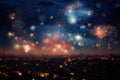 Fireworks over the city at night, New Year and Christmas celebration, A beautiful array of fireworks illuminating the night sky on Royalty Free Stock Photo