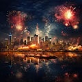 Fireworks over the city with reflection in the water. Panoramic image. Generative AI Generative AI