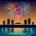 Fireworks over the city with reflection in water. Vector illustration. generative AI Royalty Free Stock Photo