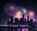 Fireworks over the city with a skyline. AI-generated.