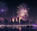 Fireworks over the city with a skyline. AI-generated.