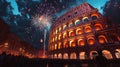 Fireworks over the Colosseum in Rome at night Royalty Free Stock Photo