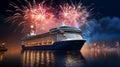 The fireworks over the cruise ship reflected off the water, creating a dazzling display Royalty Free Stock Photo