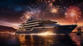 The fireworks over the cruise ship reflected off the water, creating a dazzling display