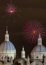 Fireworks over the domes of the New Cathedral in Cuenca, Ecuador Royalty Free Stock Photo