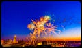 Fireworks over downtown Omaha Nebraska at night