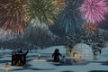 Fireworks over a frozen lake with penguins, 3d render