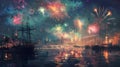 Fireworks Over Harbor City Illustration Royalty Free Stock Photo