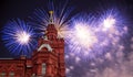 Fireworks over the Historical museum, Red Square, Moscow, Russia Royalty Free Stock Photo