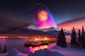 fireworks over the lake on day of canada over with snowy mountain with rainbow independence day 1th july Royalty Free Stock Photo