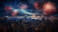 The fireworks over the metropolis lit up the night sky like a million stars Royalty Free Stock Photo