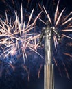 Fireworks over the Monument to Yuri Gagarin 42.5-meter high pedestal and statue, Moscow, Russia