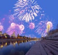 Fireworks over the Moskva River and the Kremlin at night, Moscow, Russia--the most popular view of Moscow Royalty Free Stock Photo