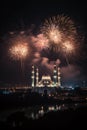Fireworks over a mosque in the night AI generation