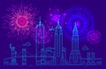 Fireworks over New York. Line New York vector design. Happy independence day 4th July background