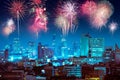 Fireworks over night city for happy new year celebration Royalty Free Stock Photo