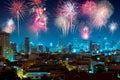 Fireworks over night city for happy new year celebration Royalty Free Stock Photo