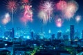 Fireworks over night city for happy new year celebration Royalty Free Stock Photo