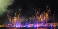 Fireworks over the river. Bright laser show. Holiday in the city Royalty Free Stock Photo