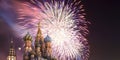 Fireworks over the Saint Basil cathedral Temple of Basil the Blessed, Red Square, Moscow, Russia Royalty Free Stock Photo
