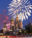 Fireworks over the Saint Basil cathedral Temple of Basil the Blessed, Red Square, Moscow, Russia Royalty Free Stock Photo