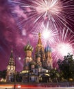 Fireworks over the Saint Basil cathedral Temple of Basil the Blessed, Red Square, Moscow, Russia Royalty Free Stock Photo