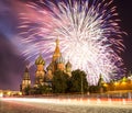 Fireworks over the Saint Basil cathedral Temple of Basil the Blessed, Red Square, Moscow, Russia Royalty Free Stock Photo