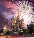 Fireworks over the Saint Basil cathedral Temple of Basil the Blessed, Red Square, Moscow, Russia Royalty Free Stock Photo