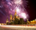 Fireworks over the Saint Basil cathedral Temple of Basil the Blessed, Red Square, Moscow, Russia Royalty Free Stock Photo