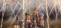 Fireworks over the Saint Basil cathedral Temple of Basil the Blessed, Red Square, Moscow, Russia Royalty Free Stock Photo