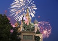 Fireworks over the Saint Basil cathedral Temple of Basil the Blessed, Red Square, Moscow, Russia Royalty Free Stock Photo