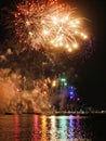 Fireworks over the sea in Cannes. Evening colorful fire show festival Royalty Free Stock Photo