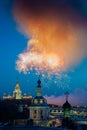 Fireworks over St. Andrew's Monastery in front of Moscow State University from the observation deck of the Russian Royalty Free Stock Photo