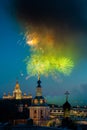 Fireworks over St. Andrew's Monastery in front of Moscow State University from the observation deck of the Russian Royalty Free Stock Photo